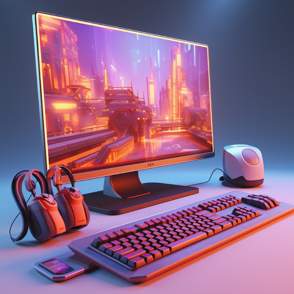 Laptopi i računari Na slici je prikazana moderna gaming postavka koja se sastoji od monitora, tastature, miša, slušalica i pametnog telefona. Na monitoru je prikazana futuristička scena grada u svetlim nijansama narandžaste i ljubičaste boje, što stvara efekat dinamičnog i živopisnog okruženja. Tastatura i miš su osvetljeni RGB svetlima koja odgovaraju boji prikaza na ekranu, dok slušalice stoje pored monitora spremne za upotrebu