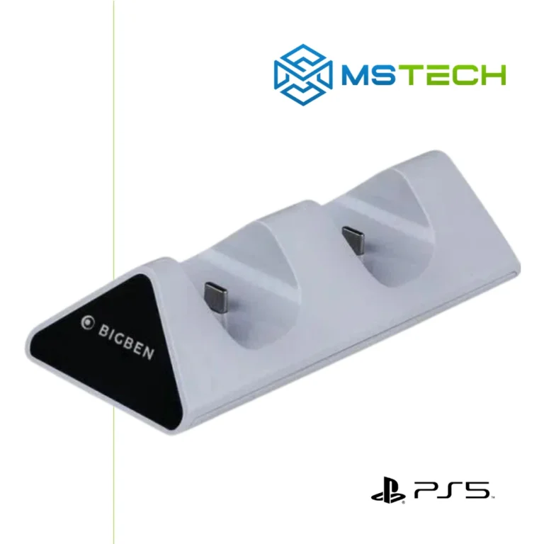 Na slici je prikazan Bigben Charging Station za 2x PS5 Dualsense Kontrolere. Pored toga na slici se nalazi logo naše firme "MSTech" i logo proizvođača "PlayStation".