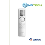 Prikaz daljinskog upravljača GREE 12K Airy GWH12AVCXD inverter klima uređaja bijele boje. Na slici se pored toga nalazi logo naše firme "MS Tech" i logo proizvođača "GREE".