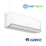 Prikaz lijeve strane unutrašnje jedinice GREE 12K Airy GWH12AVCXD inverter klima uređaja bijele boje. Na slici se pored toga nalazi logo naše firme "MS Tech" i logo proizvođača "GREE".