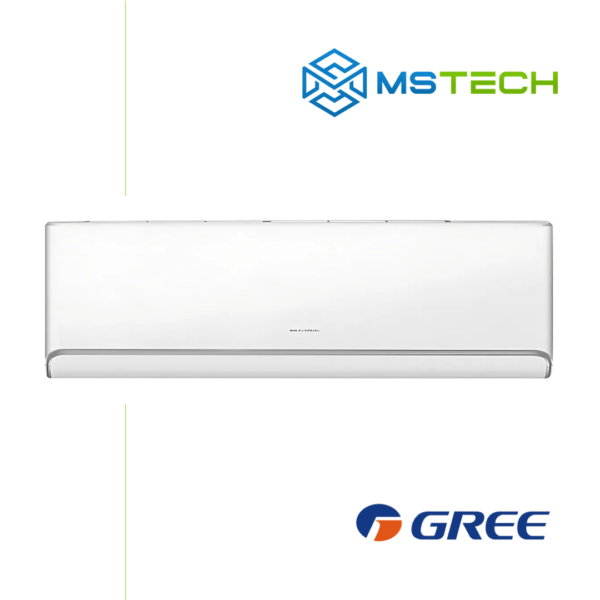 Prikaz prednje strane unutrašnje jedinice GREE 12K Airy GWH12AVCXD inverter klima uređaja bijele boje. Na slici se pored toga nalazi logo naše firme "MS Tech" i logo proizvođača "GREE".