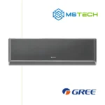 Prikaz prednje strane unutrašnje jedinice GREE 12K Airy GWH12AVCXD inverter klima uređaja crne boje. Na slici se pored toga nalazi logo naše firme "MS Tech" i logo proizvođača "GREE".