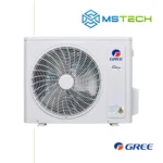 Prikaz prednje strane vanjske jedinice GREE 12K Airy GWH12AVCXD inverter klima uređaja bijele boje. Na slici se pored toga nalazi logo naše firme "MS Tech" i logo proizvođača "GREE".