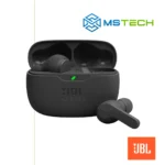 Na slici su prikazane JBL Wave Beam Black bežične slušalice. Na slici se pored toga nalazi logo naše firme "MSTech" i logo proizvođača "JBL!".