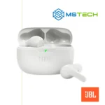 Na slici su prikazane JBL Wave Beam White bežične slušalice. Na slici se pored toga nalazi logo naše firme "MSTech" i logo proizvođača "JBL!".