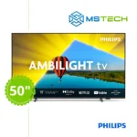 Prikaz prednje strane Philips TV Ambilight 50" PUS8079 4K televizora sa grafikom. Na slici je pored toga prikazan broj inči (50), logo naše firme "MS Tech" i logo proizvođača "PHILIPS".
