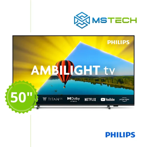 Prikaz prednje strane Philips TV Ambilight 50" PUS8079 4K televizora sa grafikom. Na slici je pored toga prikazan broj inči (50), logo naše firme "MS Tech" i logo proizvođača "PHILIPS".