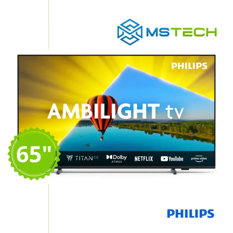 Prikaz prednje strane Philips TV Ambilight 65" PUS8079 4K televizora sa grafikom. Na slici je pored toga prikazan broj inči (50), logo naše firme "MS Tech" i logo proizvođača "PHILIPS".
