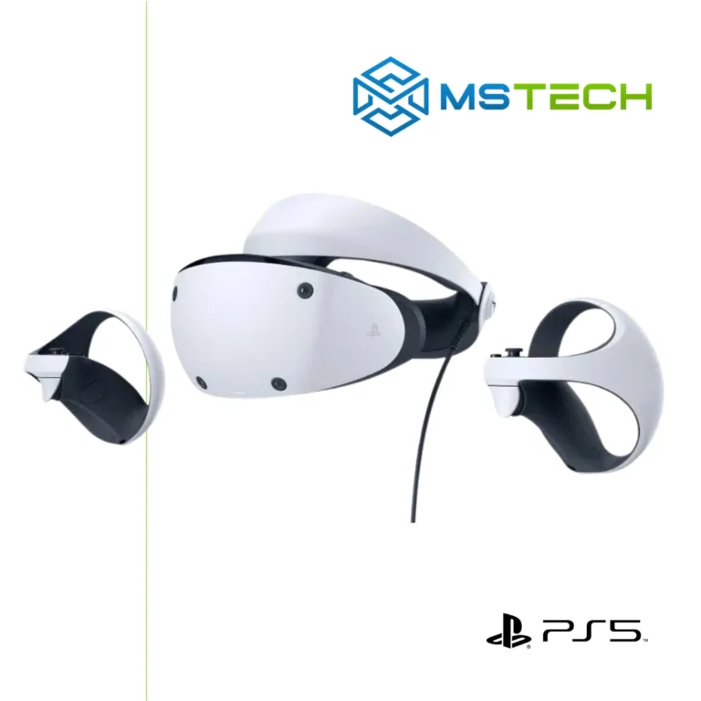 Na slici je prikazan PlayStation VR2 4K HDR. Na slici se pored toga nalazi logo naše firme "MSTech" i logo proizvođača "PS5".