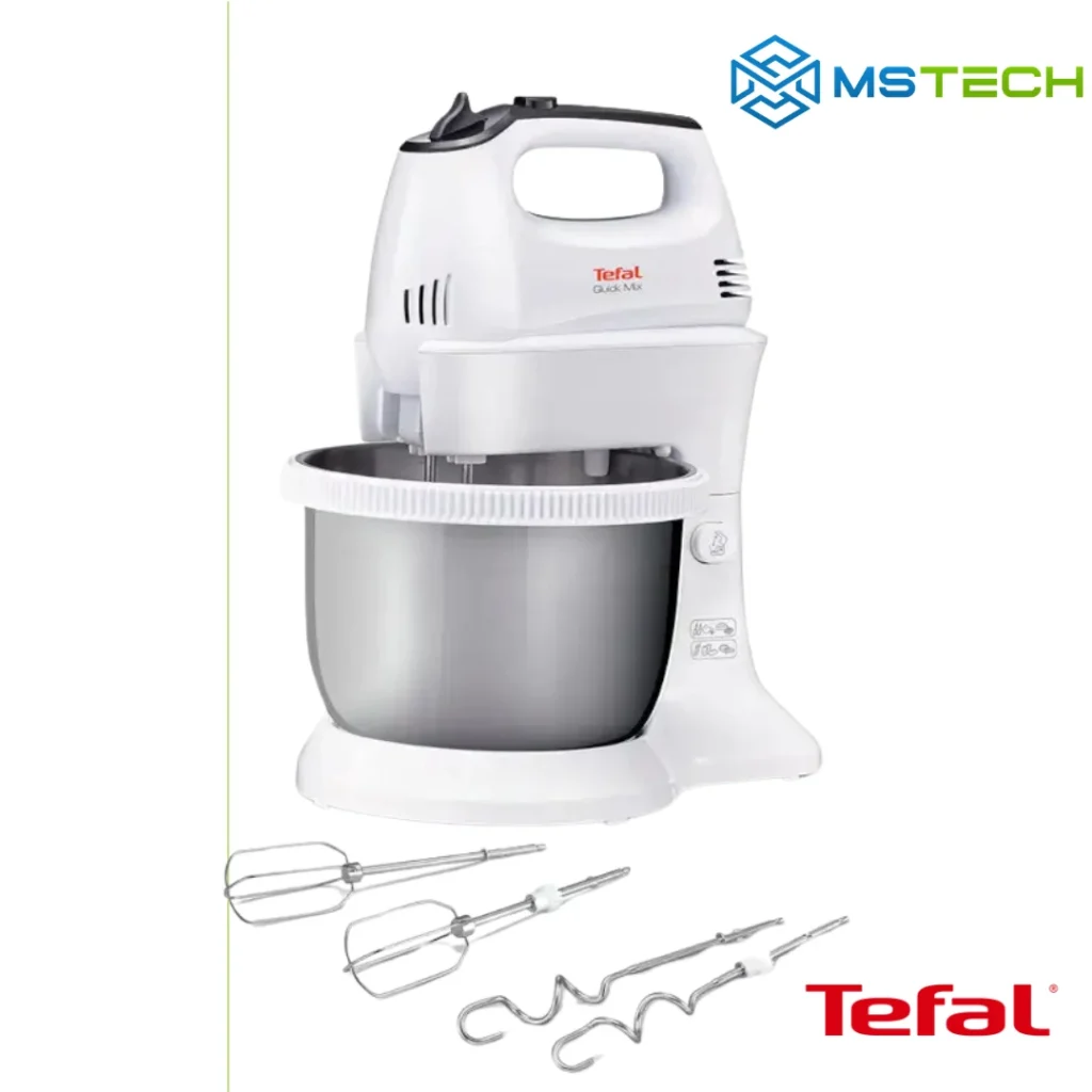 Na slici su prikazani Ručni mikser s posudom Tefal 300W HT312138, logo naše firme "MSTech" i logo proizvođača "TEFAL".