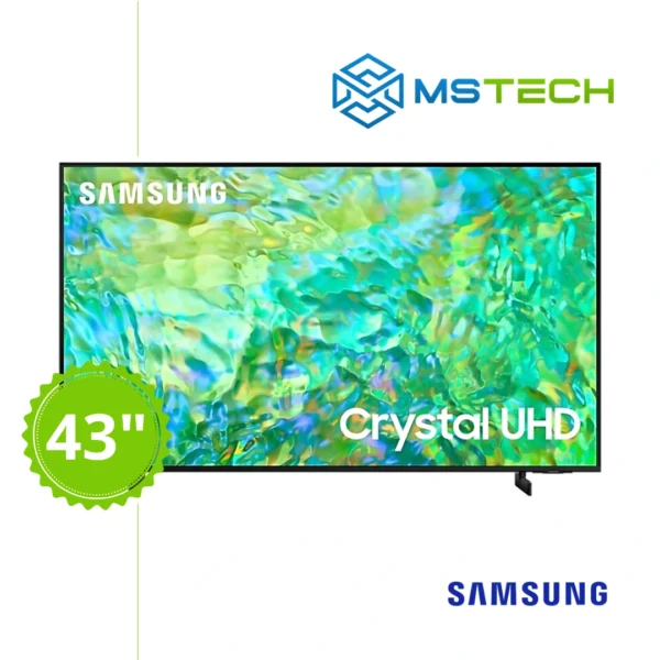 Prikaz prednje strane SAMSUNG LED TV 43" UE43DU7172UXXH televizora sa grafikom. Na slici je pored toga prikazan broj inči (43), logo naše firme "MS Tech" i logo proizvođača "SAMSUNG".