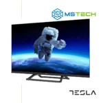 Prikaz desne strane TV TESLA 32E325BH HD televizora sa grafikom. Na slici je pored toga prikazan logo naše firme "MS Tech" i logo proizvođača "TESLA".