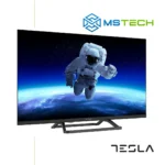 Prikaz lijeve strane TV TESLA 32E325BH HD televizora sa grafikom. Na slici je pored toga prikazan logo naše firme "MS Tech" i logo proizvođača "TESLA".