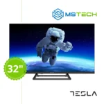 Prikaz prednje strane TV TESLA 32E325BH HD televizora sa grafikom. Na slici je pored toga prikazan broj inči (32), logo naše firme "MS Tech" i logo proizvođača "TESLA".