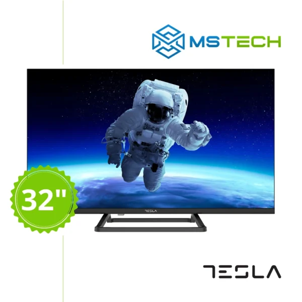 Prikaz prednje strane TV TESLA 32E325BH HD televizora sa grafikom. Na slici je pored toga prikazan broj inči (32), logo naše firme "MS Tech" i logo proizvođača "TESLA".