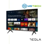 Prikaz desne strane TV TESLA 40E635 FHD televizora sa grafikom. Na slici je pored toga prikazan logo naše firme "MS Tech" i logo proizvođača "TESLA".