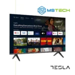 Prikaz lijeve strane TV TESLA 40E635 FHD televizora sa grafikom. Na slici je pored toga prikazan logo naše firme "MS Tech" i logo proizvođača "TESLA".