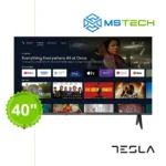 Prikaz prednje strane TV TESLA 40E635 FHD televizora sa grafikom. Na slici je pored toga prikazan broj inči (40), logo naše firme "MS Tech" i logo proizvođača "TESLA".