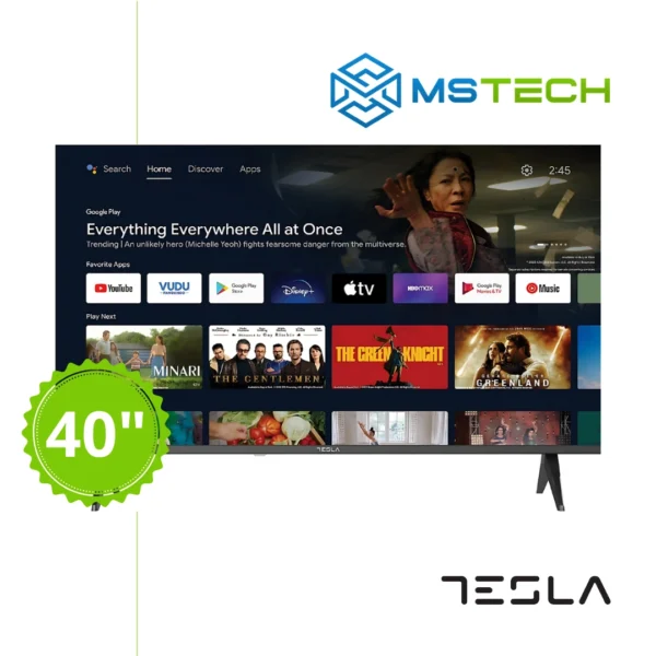Prikaz prednje strane TV TESLA 40E635 FHD televizora sa grafikom. Na slici je pored toga prikazan broj inči (40), logo naše firme "MS Tech" i logo proizvođača "TESLA".