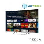 Prikaz desne strane TV TESLA 65E635 UHD televizora sa grafikom. Na slici je pored toga prikazan logo naše firme "MS Tech" i logo proizvođača "TESLA".
