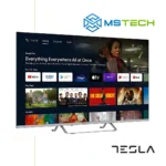 Prikaz lijeve strane TV TESLA 65E635 UHD televizora sa grafikom. Na slici je pored toga prikazan logo naše firme "MS Tech" i logo proizvođača "TESLA".