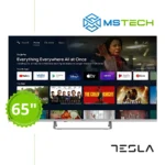 Prikaz prednje strane TV TESLA 65E635 UHD televizora sa grafikom. Na slici je pored toga prikazan broj inči (65), logo naše firme "MS Tech" i logo proizvođača "TESLA".