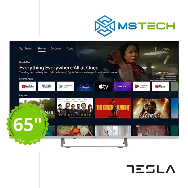 Prikaz prednje strane TV TESLA 65E635 UHD televizora sa grafikom. Na slici je pored toga prikazan broj inči (65), logo naše firme "MS Tech" i logo proizvođača "TESLA".