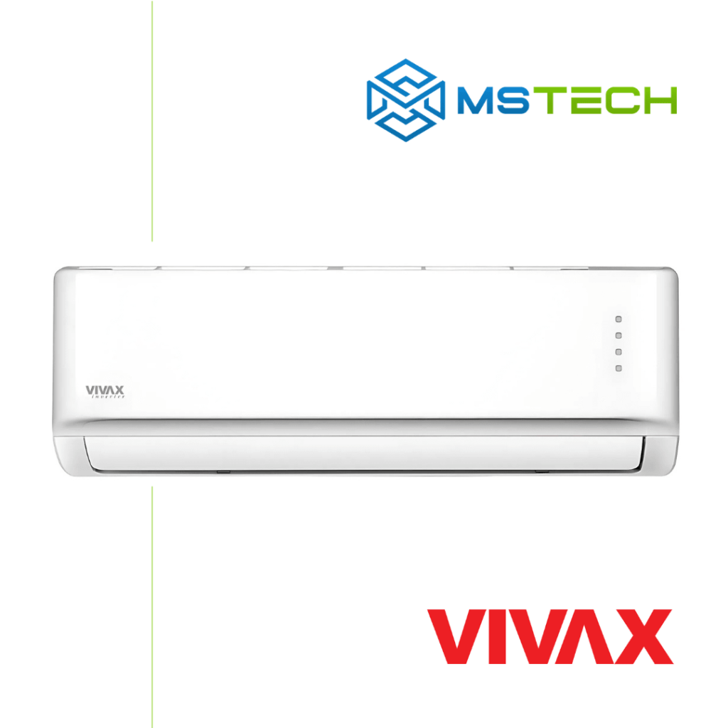 Prikaz prednje strane unutrašnje jedinice VIVAX 12K ACP-12CH35AEGI inverter klima uređaja bijele boje. Na slici se nalazi logo naše firme "MS Tech" i logo proizvođača "VIVAX".