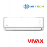 Prikaz prednje strane unutrašnje jedinice VIVAX 12K ACP-12CH35AEGI inverter klima uređaja bijele boje. Na slici se nalazi logo naše firme "MS Tech" i logo proizvođača "VIVAX".