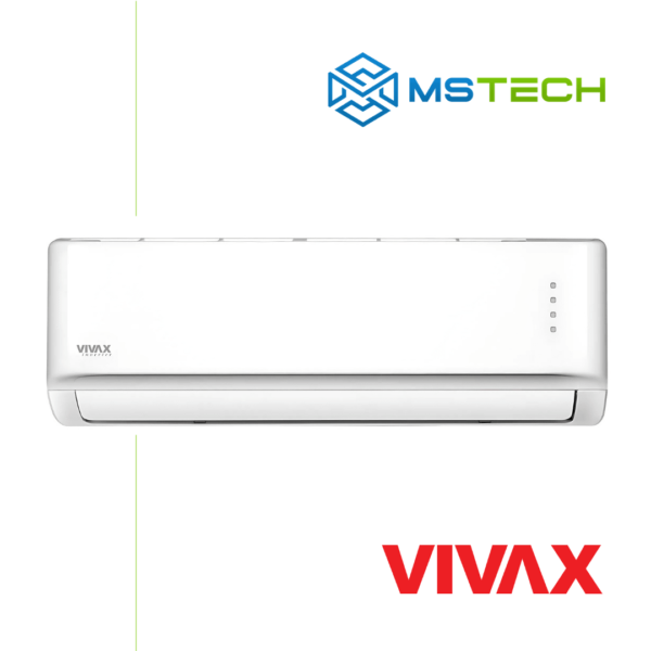 Prikaz prednje strane unutrašnje jedinice VIVAX 12K ACP-12CH35AEGI inverter klima uređaja bijele boje. Na slici se nalazi logo naše firme "MS Tech" i logo proizvođača "VIVAX".