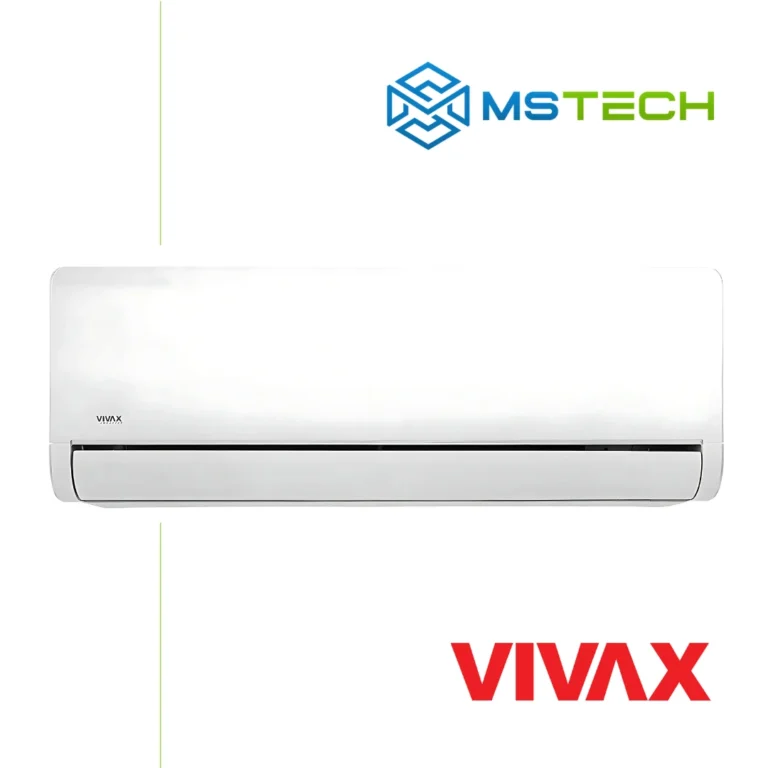 Prikaz prednje strane unutrašnje jedinice VIVAX 12K ACP-12CH35AEHI inverter klima uređaja bijele boje. Na slici se nalazi i logo naše firme "MS Tech" i logo proizvođača klime "VIVAX".