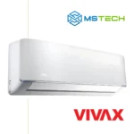 Prikaz lijeve strane unutrašnje jedinice VIVAX 12K ACP-12CH35AERI inverter klima uređaja bijele boje. Na slici je pored toga prikazan logo naše firme "MS Tech" i logo proizvođača "VIVAX".