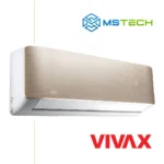 Prikaz lijeve strane unutrašnje jedinice VIVAX 12K ACP-12CH35AERI inverter klima uređaja zlatne (gold) boje. Na slici je pored toga prikazan logo naše firme "MS Tech" i logo proizvođača "VIVAX".