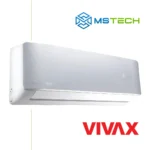 Prikaz lijeve strane unutrašnje jedinice VIVAX 12K ACP-12CH35AERI inverter klima uređaja srebrne (silver) boje. Na slici je pored toga prikazan logo naše firme "MS Tech" i logo proizvođača "VIVAX".