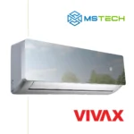 Prikaz lijeve strane unutrašnje jedinice VIVAX 12K ACP-12CH35AERI inverter klima uređaja silver mirror boje. Na slici je pored toga prikazan logo naše firme "MS Tech" i logo proizvođača "VIVAX".