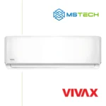 Prikaz prednje strane unutrašnje jedinice VIVAX 12K ACP-12CH35AERI inverter klima uređaja bijele boje. Na slici je pored toga prikazan logo naše firme "MS Tech" i logo proizvođača "VIVAX".