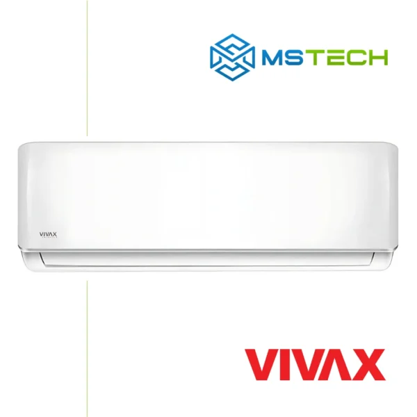 Prikaz prednje strane unutrašnje jedinice VIVAX 12K ACP-12CH35AERI inverter klima uređaja bijele boje. Na slici je pored toga prikazan logo naše firme "MS Tech" i logo proizvođača "VIVAX".