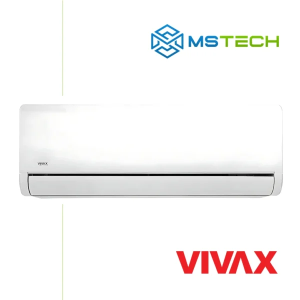 Prikaz prednje strane unutrašnje jedinice VIVAX 18K ACP-18CH50AEHI inverter klima uređaja bijele boje. Na slici se nalazi logo naše firme "MS Tech" i logo proizvođača "VIVAX".