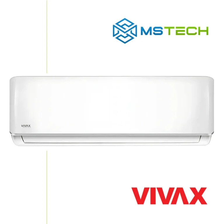 Prikaz prednje strane unutrašnje jedinice VIVAX 9K ACP-09CH25AERI inverter klima uređaja bijele boje. Na slici se još nalazi logo naše firme "MS Tech" i logo proizvođača "VIVAX".