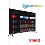 Prikaz lijeve strane VIVAX Imago 65" TV A Series 65UHD10K televizora sa grafikom. Na slici je pored toga prikazan logo naše firme "MS Tech" i logo proizvođača "VIVAX".