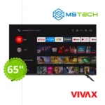 Prikaz prednje strane VIVAX Imago 65" TV A Series 65UHD10K televizora sa grafikom. Na slici je pored toga prikazan broj inči (65), logo naše firme "MS Tech" i logo proizvođača "VIVAX".