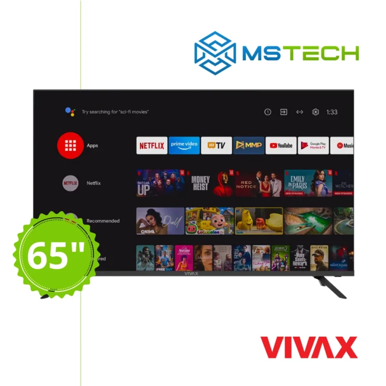 Prikaz prednje strane VIVAX Imago 65" TV A Series 65UHD10K televizora sa grafikom. Na slici je pored toga prikazan broj inči (65), logo naše firme "MS Tech" i logo proizvođača "VIVAX".