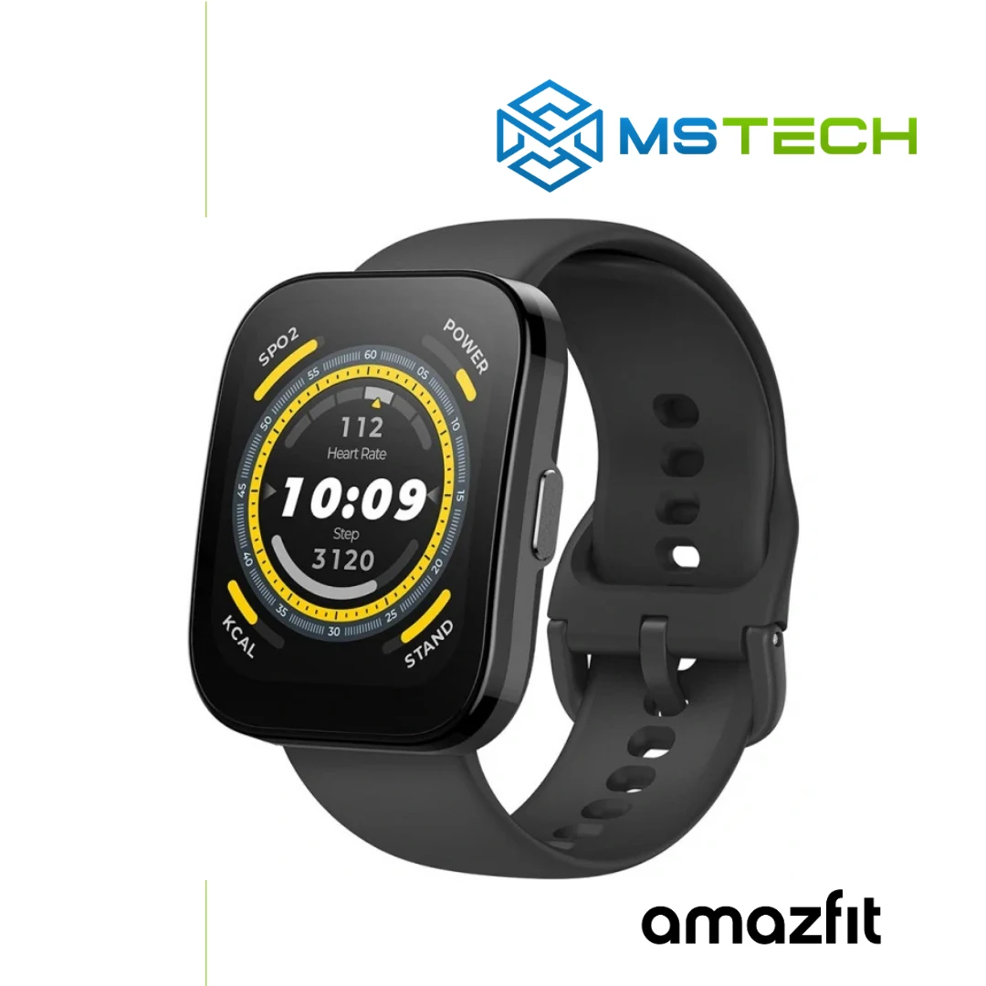 amazfit-bip-5-black-desna-strana Prikaz desne strane AMAZFIT BIP 5 BLACK pametnog sata. Pored toga na slici je prikazan logo naše firme "MSTech" i logo proizvođača "AMAZFIT".