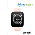 Prikaz prednje strane AMAZFIT BIP 5 PINK pametnog sata. Pored toga na slici je prikazan logo naše firme "MSTech" i logo proizvođača "AMAZFIT".