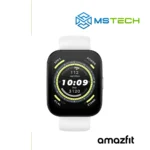 Prikaz prednje strane AMAZFIT BIP 5 WHITE pametnog sata. Pored toga na slici je prikazan logo naše firme "MSTech" i logo proizvođača "AMAZFIT".