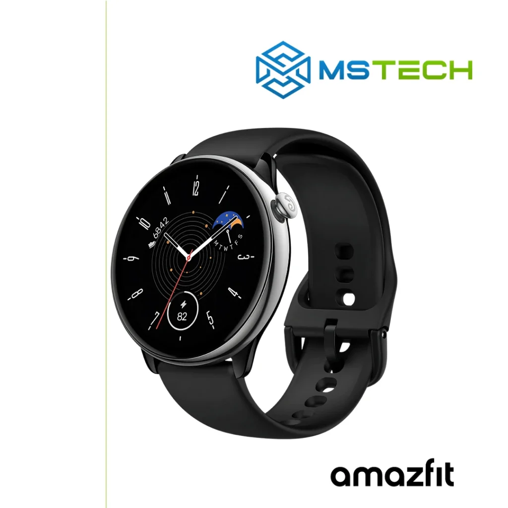 Prikaz desne strane AMAZFIT GTR MINI BLACK pametnog sata. Pored toga na slici je prikazan logo naše firme "MSTech" i logo proizvođača "AMAZFIT".