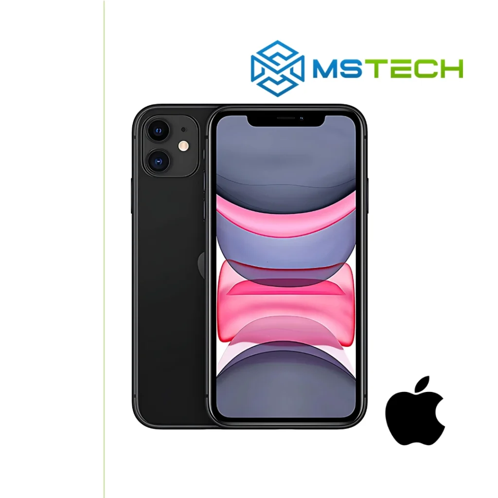 Prikaz Apple iPhone 11 128 GB mobilnog telefona. Na slici je prikazana prednja i zadnja strana mobitela. Pored toga na slici se nalazi logo naše firme "MS Tech" i logo proizvođača "APPLE".