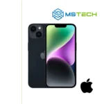 Prikaz Apple iPhone 14 128GB Black mobilnog telefona. Na slici je prikazana prednja i zadnja strana mobitela. Pored toga na slici se nalazi logo naše firme "MS Tech" i logo proizvođača "APPLE".