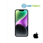 Prikaz Apple iPhone 14 128GB Black mobilnog telefona. Na slici je prikazana prednja strana mobitela. Pored toga na slici se nalazi logo naše firme "MS Tech" i logo proizvođača "APPLE".