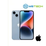 Prikaz Apple iPhone 14 128GB Blue mobilnog telefona. Na slici je prikazana prednja i zadnja strana mobitela. Pored toga na slici se nalazi logo naše firme "MS Tech" i logo proizvođača "APPLE".